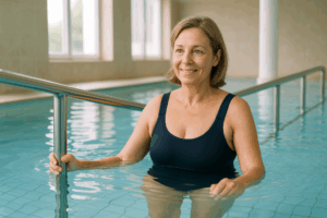 Femme en cure thermale pour arthrose du genou dans un bassin de rééducation