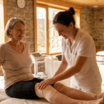 Patient effectuant des exercices de mobilité en piscine durant une cure thermale arthrose genou
