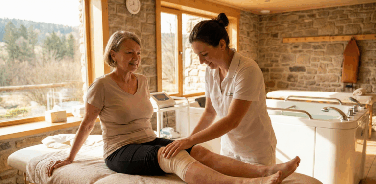 Patient effectuant des exercices de mobilité en piscine durant une cure thermale arthrose genou
