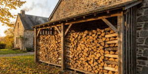 Un grand stock de bûches de chauffage rangées en extérieur illustrant le prix d une corde de bois.