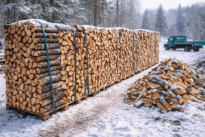 prix d une corde de bois empilée en hiver